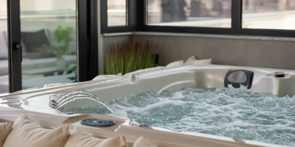 Whirlpool im modernen Innenraum, sprudelndes Wasser, luxuriöser Entspannungsort.