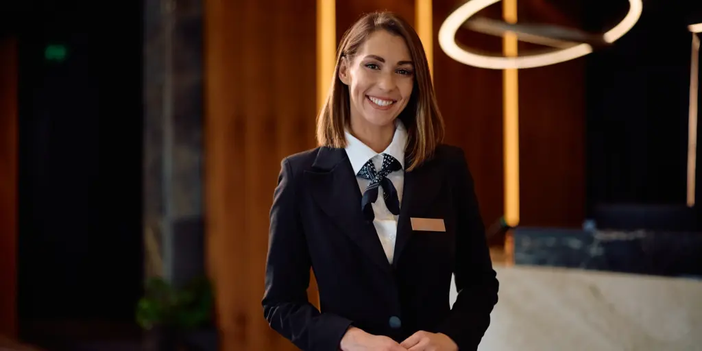 Eine lächelnde Frau in Hoteluniform steht an einer Rezeption. Eleganter Hintergrund mit Holz und moderner Beleuchtung.